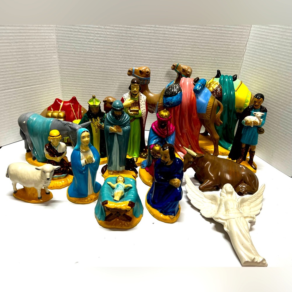 Christmas Nativity Vintage Holland Mold Set Piece Hand Painted Large 16 Pieces